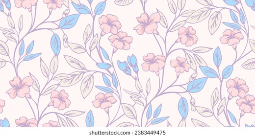 Seamless creative simple stem flowers pattern. Vector hand drawn. Pastel abstract branches floral print. Template for design, fabric, fashion, textile, wallpaper, cover.