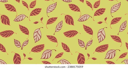 Seamless creative stylized small leaves pattern. Cute leaves randomly scattered on a green background. Vector hand drawn sketch. Template for design