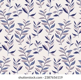 Seamless, creative, stylized stem leaves pattern on a light background. Vector hand drawn sketch. Monotone, modern, blue leaf branches print. Template for design, textile, fashion, print