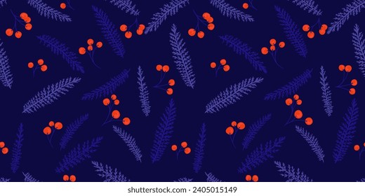 Seamless creative tiny branches leaves and berries, dots pattern on a dark purple blue background. Vector hand drawn sketch. Elegance abstract leaf floral printing. Design for fabric, fashion