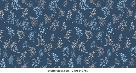 Seamless creative tiny simple branches leaves, drops, lines pattern. Vector hand drawn sketch. Abstract stylized textured floral print. Cute shape organic leaf stems dark turquoise background. 
