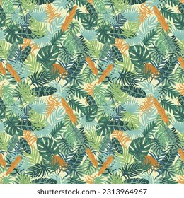 Seamless Creative universal floral background in tropical style. Tropic leaves in bright colors. Vector. Isolated.
