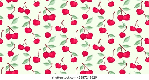 Seamless creative vibrant red cherries pattern on a light background. Summer berries, fruits, leaves, simple print. Vector hand drawn sketch doodle. Design ornament for fabric, interior decor