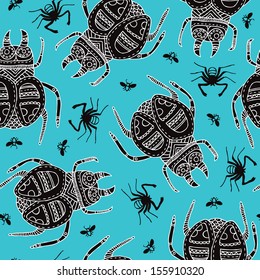 Seamless creepy decorative doodle insects and spiders illustration background pattern in vector