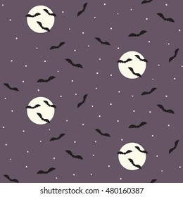Seamless creepy night scene pattern with flying bats, moon and stars for Halloween design