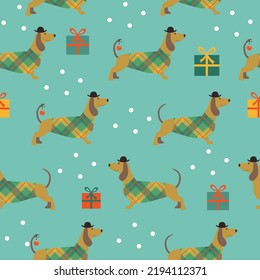Seamless Cristmas pattern with dachshunds  in hats, snowflakes, gifts.