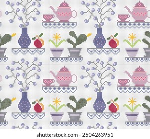 Seamless crochet and  cross stitch kitchen pattern with tea pot , vase and flowers