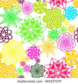 Seamless crochet flowers pattern. Crochet blanket of floral elements, handmade, multicolored knitted snowflakes, cozy blanket.