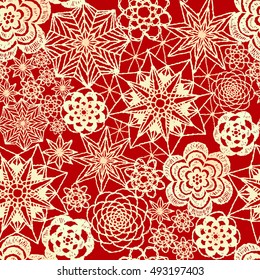 Seamless crochet flowers pattern. Crochet blanket of floral elements, handmade, multicolored knitted snowflakes, cozy blanket.