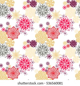 Seamless crochet flowers pattern. Crochet blanket of floral elements, handmade, multicolored knitted snowflakes, cozy blanket.
