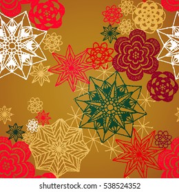 Seamless crochet flowers pattern. Crochet blanket of floral elements, handmade, multicolored knitted snowflakes, cozy blanket.