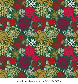 Seamless crochet flowers pattern. Crochet blanket of floral elements, handmade, multicolored knitted snowflakes, cozy blanket.
