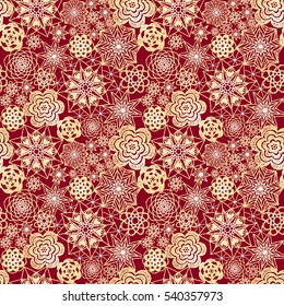 Seamless crochet flowers pattern. Crochet blanket of floral elements, handmade, multicolored knitted snowflakes, cozy blanket.