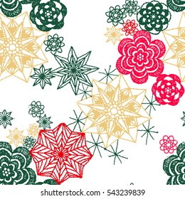 Seamless crochet flowers pattern. Crochet blanket of floral elements, handmade, multicolored knitted snowflakes, cozy blanket.