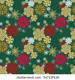 Seamless crochet flowers pattern. Crochet blanket of floral elements, handmade, multicolored knitted snowflakes, cozy blanket.