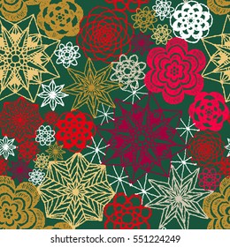 Seamless crochet flowers pattern. Crochet blanket of floral elements, handmade, multicolored knitted snowflakes, cozy blanket.