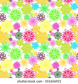 Seamless crochet flowers pattern. Crochet blanket of floral elements, handmade, multicolored knitted snowflakes, cozy blanket.