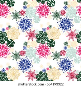 Seamless crochet flowers pattern. Crochet blanket of floral elements, handmade, multicolored knitted snowflakes, cozy blanket.
