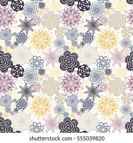 Seamless crochet flowers pattern. Crochet blanket of floral elements, handmade, multicolored knitted snowflakes, cozy blanket.