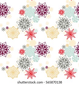 Seamless crochet flowers pattern. Crochet blanket of floral elements. Handmade multicolored knitted snowflakes. Cozy blanket