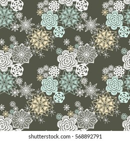 Seamless crochet flowers pattern. Crochet blanket of floral elements. Handmade multicolored knitted snowflakes. Cozy blanket