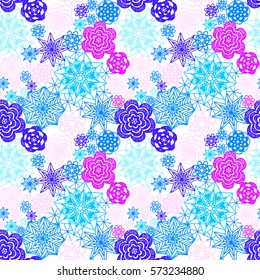 Seamless crochet flowers pattern. Crochet blanket of floral elements. Handmade multicolored knitted snowflakes. Cozy blanket