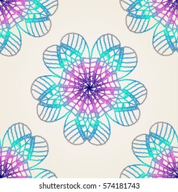 Seamless crochet flowers pattern. Crochet blanket of floral elements, handmade, multicolored knitted cloth, cozy blanket.