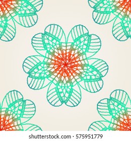 Seamless crochet flowers pattern. Crochet blanket of floral elements, handmade, multicolored knitted cloth, cozy blanket