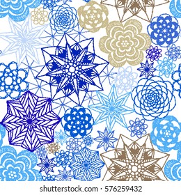 Seamless crochet flowers pattern. Crochet blanket of floral elements, handmade, multicolored knitted snowflakes, cozy blanket