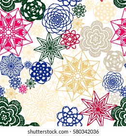 Seamless crochet flowers pattern. Crochet blanket of floral elements, handmade, multicolored knitted snowflakes, cozy blanket