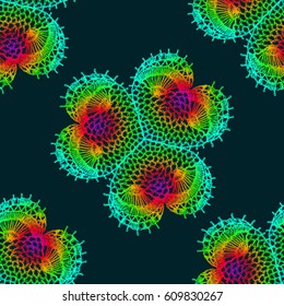 Seamless crochet flowers pattern. Crochet blanket of floral elements, handmade, multicolored knitted cloth, cozy blanket.