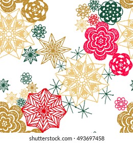 Seamless crochet flowers pattern. New Year, Christmas background. Crochet blanket of floral elements, handmade, multicolored knitted snowflakes, cozy blanket.