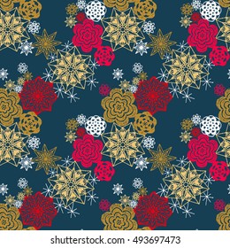 Seamless crochet flowers pattern. New Year, Christmas background. Crochet blanket of floral elements, handmade, multicolored knitted snowflakes, cozy blanket.