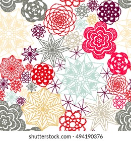 Seamless crochet flowers pattern. New Year, Christmas background. Crochet blanket of floral elements, handmade, multicolored knitted snowflakes, cozy blanket.