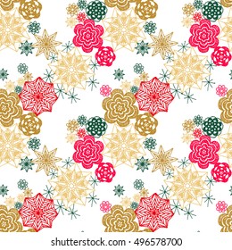 Seamless crochet flowers pattern. New Year, Christmas background. Crochet blanket of floral elements, handmade, multicolored knitted snowflakes, cozy blanket.
