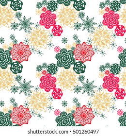 Seamless crochet flowers pattern. New Year, Christmas background. Crochet blanket of floral elements, handmade, multicolored knitted snowflakes, cozy blanket.