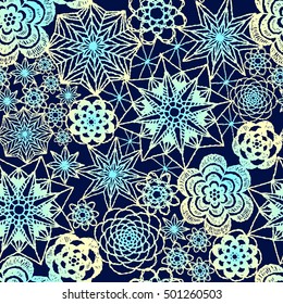 Seamless crochet flowers pattern. New Year, Christmas background. Crochet blanket of floral elements, handmade, multicolored knitted snowflakes, cozy blanket.