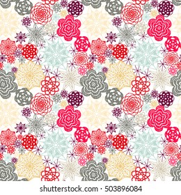 Seamless crochet flowers pattern. New Year, Christmas background. Crochet blanket of floral elements, handmade, multicolored knitted snowflakes, cozy blanket.
