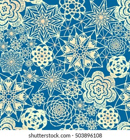 Seamless crochet flowers pattern. New Year, Christmas background. Crochet blanket of floral elements, handmade, multicolored knitted snowflakes, cozy blanket.