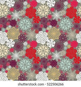 Seamless crochet flowers pattern. New Year, Christmas background. Crochet blanket of floral elements, handmade, multicolored knitted snowflakes, cozy blanket.