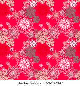 Seamless crochet flowers pattern. New Year, Christmas background. Crochet blanket of floral elements, handmade, multicolored knitted snowflakes, cozy blanket.