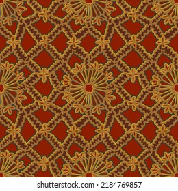 Seamless crochet pattern. Lace texture. Symmetrical geometric knit ornament in trendy folk style with round flower buds. Macrame background. Boho fashion design.