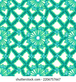 Seamless crochet pattern. Lace texture. Symmetrical geometric knit ornament in trendy folk style with round flower buds. Macrame background. Boho fashion design.