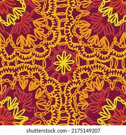 Seamless crochet pattern. Сolorful mosaic lace texture. Symmetrical geometric knit ornament in trendy folk style. Macrame background. Boho fashion ethnic design.