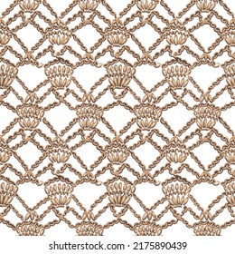 Seamless crochet pattern. Mosaic lace texture. Symmetrical geometric knit ornament in trendy folk style. Macrame background. Boho fashion design.