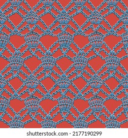 Seamless crochet pattern. Mosaic lace texture. Symmetrical geometric knit ornament in trendy folk style. Macrame background. Boho fashion design.