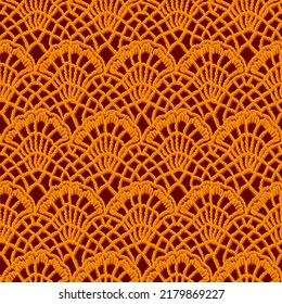 Seamless crochet pattern. Mosaic lace texture. Symmetrical geometric knit ornament in trendy folk style. Macrame background. Boho fashion design.