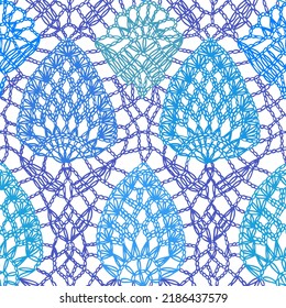 Seamless crochet pattern. Сolorful mosaic lace texture. Symmetrical geometric knit ornament in trendy folk style. Macrame background. Boho fashion ethnic design.