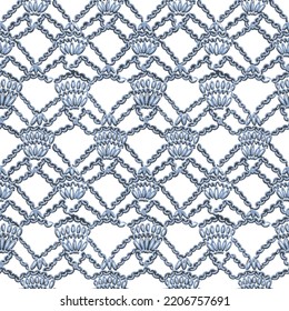 Seamless crochet pattern. Mosaic lace texture. Symmetrical geometric knit ornament in trendy folk style. Macrame background. Boho fashion design.