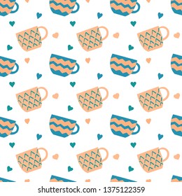 Seamless crockery vector pattern on white background. Hand drawn utensil. Perfect for wallpaper or fabric. Pink and blue tea cups with little hearts. Tea party